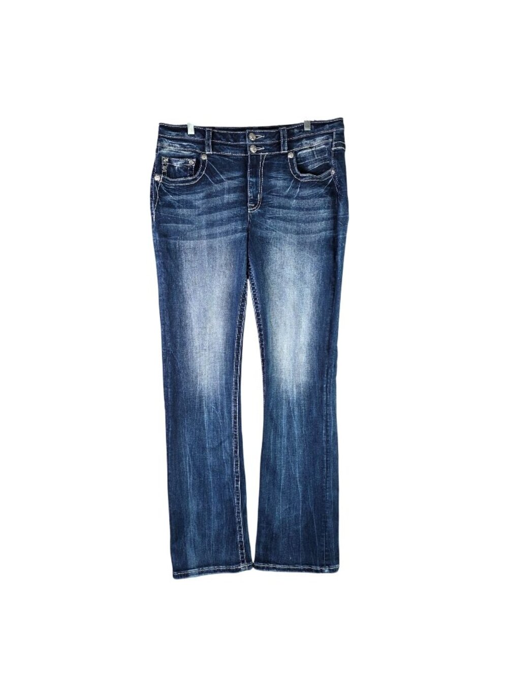 Womens Miss Me Mid Rise Blue Denim Bootcut Jeans Cotton Blend Stretch Size 34
